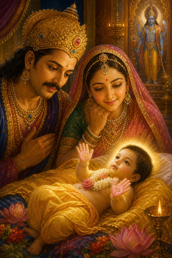 Painterly classical-Indian color illustration: in the palace of King Nabhi and Queen Merudevi, the divine infant Rishabhadeva (an avatar of Vishnu, the Yajna-purusha descended as their son) lies radiant; close, reverent view of his tiny upturned palms marked with auspicious signs of the thunderbolt (vajra) and the goad (ankusha); the king and queen gaze in wonder, golden lamplight, jewel tones, halo of subtle divine light.