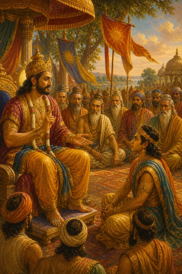 Painterly classical-Indian color illustration: King Rishabhadeva in royal robes seated in the open court at Brahmavarta, surrounded by a great assembly of bearded brahmarshi sages and gathered citizens; he calls his sons near and instructs them, his hand raised in teaching mudra toward his eldest son Bharata who kneels attentively; warm earthen and ochre palette, banners, an air of solemn counsel.