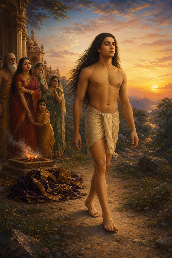 Painterly classical-Indian color illustration: Rishabhadeva renouncing all, walking out past the border of Brahmavarta into open wilderness; he has shed his royal garments and goes utterly naked, hair loose and unbound, his face serene; behind him a faint dying agnihotra altar fire which he has absorbed within himself; muted dawn colors, a lone path leading into forest, sense of total relinquishment.