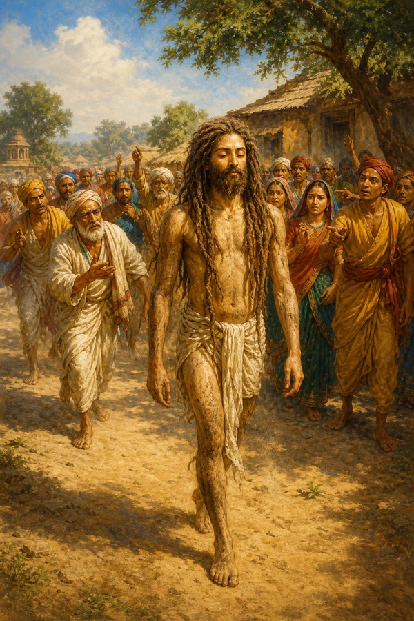 Painterly classical-Indian color illustration: the naked, dust-covered avadhuta Rishabhadeva with long matted brown locks walking calmly through a village outskirt, while a jeering mob of foolish, wicked people crowds and pesters behind him, some throwing clods of earth and dust, some hurling abuse, some spitting; the simile of flies trailing a forest elephant evoked; Rishabhadeva utterly unmoved, eyes inward; dusty road, harsh midday light, his calm contrasting the chaos.