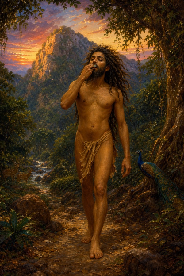Painterly classical-Indian color illustration: Rishabhadeva, naked (digambara), hair wildly scattered, having journeyed south through the Karnataka lands of Konka, Venka and Kutaka, arriving at the forest at the foot of Mount Kutakachala; he lifts a small stone from the ground and places it in his own mouth to silence even his tongue; lush southern hill-forest, evening light, his expression that of a serene madman lost to the world.