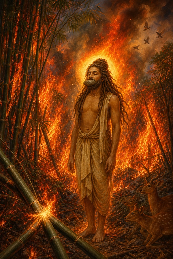 Painterly classical-Indian color illustration: a wildfire born of dry bamboo rubbing together in the Kutakachala forest, red flames leaping and licking upward through the trees, smoke rising straight into the sky; amid the blaze the still naked figure of Rishabhadeva stands utterly unmoving, a stone in his mouth, long brown matted locks catching fire and turning to ash, breath calm; he is consumed along with the forest, wholly detached, the body like a discarded garment given to the flames.