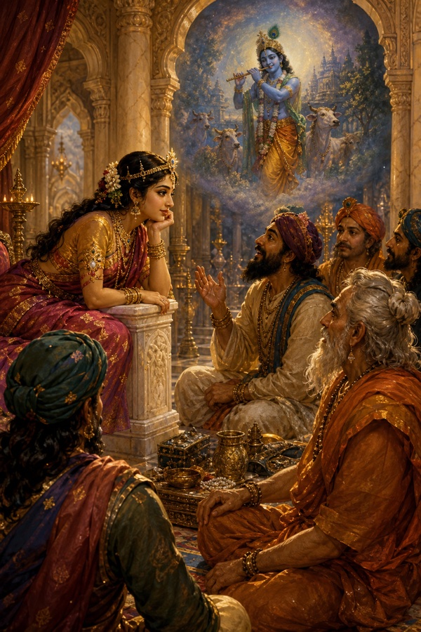 Rich painterly classical-Indian color illustration: young princess Rukmini in the marble hall of Kundinapura palace in Vidarbha, leaning forward to listen intently as Dwaraka merchants and visiting sages recount Krishna's glories; her face glows with dawning wonder; warm lamplight, jewel-toned silks, no Krishna physically present, only an imagined blue-hued vision faintly forming above the storytellers.