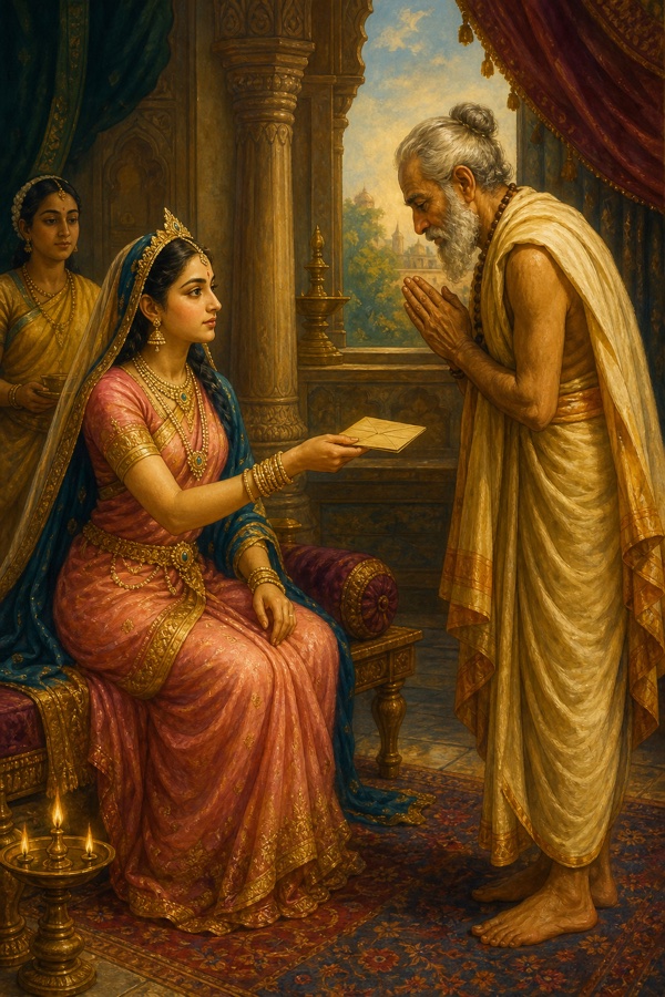 Classical-Indian color painting: Rukmini, composed and resolute (no tears), seated in her chamber handing a folded palm-leaf letter to a single trusted elderly Brahmin who stands with folded reverence; soft interior with carved pillars, brass lamp, a maid in the background; intimate, decisive mood.