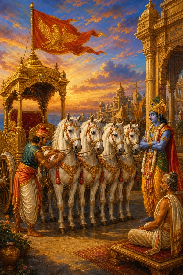 Vivid classical-Indian color illustration in Dwaraka: charioteer Daruka yoking exactly four named horses (Shaibya, Sugriva, Meghapushpa, Balahaka) to Krishna's grand chariot bearing the Garuda banner; blue-skinned Krishna in yellow pitambara stepping aboard while the Brahmin is already seated on the chariot; golden sea-city architecture, urgent dawn light.