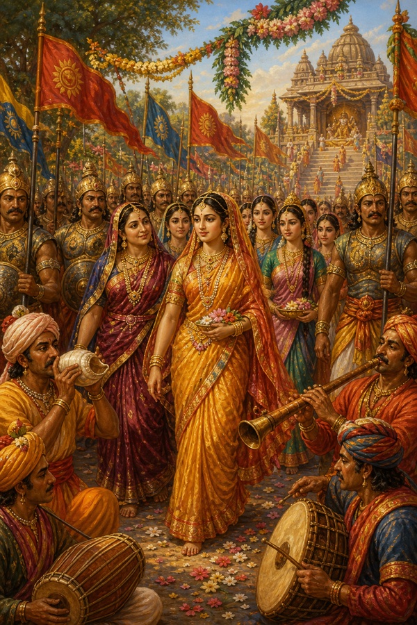 Festive classical-Indian color procession: Rukmini walking on foot toward goddess Ambika's temple outside the city, surrounded by her mothers and girl-companions, armed valiant royal soldiers guarding her with weapons raised, musicians playing mridanga, conch, drum, trumpet and bheri; flower garlands, flags and toranas, morning sunlight.