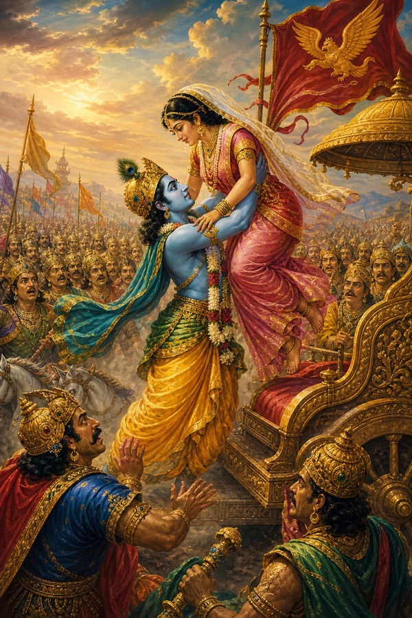 Dramatic classical-Indian color illustration: blue-skinned Krishna in yellow pitambara sweeping Rukmini up from the crowd and lifting her onto his Garuda-bannered chariot before the eyes of hundreds of astonished, helpless kings; defiant heroic motion, dust and fluttering banners, the assembled rival monarchs frozen in shock.