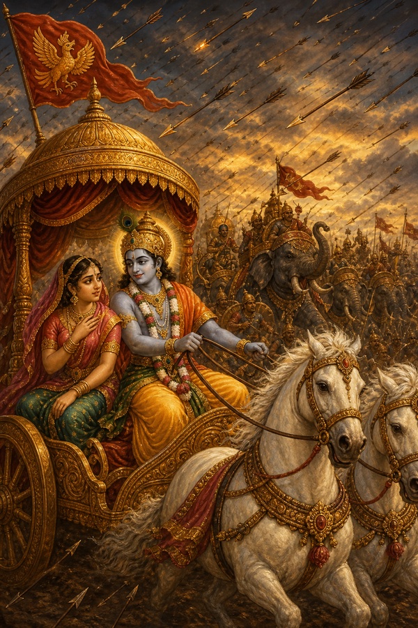 Classical-Indian color battle scene: Jarasandha's army showering arrows upon the Yadava warriors as the chariot flees; Rukmini on the chariot glancing at Krishna in shy fear while he smiles reassuringly; arrows darkening the sky, elephants, horses and chariots of the pursuing kings, the Garuda banner streaming overhead.