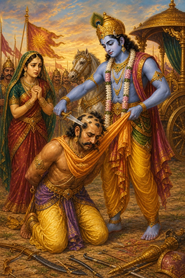 Classical-Indian color illustration: Krishna binding the defeated Rukmi with Rukmi's own upper-cloth and shaving patches of his beard, moustache and head-hair with a sword to disfigure him; Rukmi humiliated and half-dead on the ground, broken bow and weapons scattered; Rukmini watching anxiously nearby, Krishna calm and restrained, not killing him.