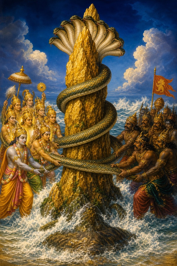 Rich painterly classical-Indian color illustration on the milk-white shore of the ocean of milk: the towering golden Mandara mountain stands upright as a churning-rod, with the great many-hooded serpent Vasuki coiled around its waist as the churning-rope; radiant devas on one side and dark muscular asuras on the other take up the two ends, all preparing to churn, deep blue sky and frothy white sea behind.
