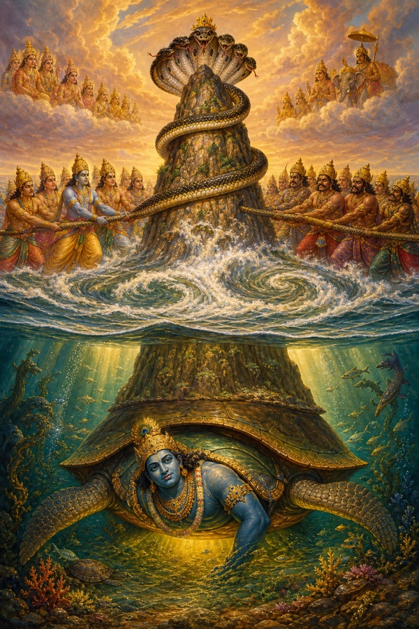 Painterly classical-Indian color illustration showing a cross-section of the ocean of milk: at the seabed the blue Lord Vishnu in his giant Kurma (tortoise) avatar steadies the sinking Mandara mountain on his broad shell, while above, Vasuki wraps the spinning peak and devas and asuras pull from either side, whirlpools and milky waves swirling around, golden underwater light.