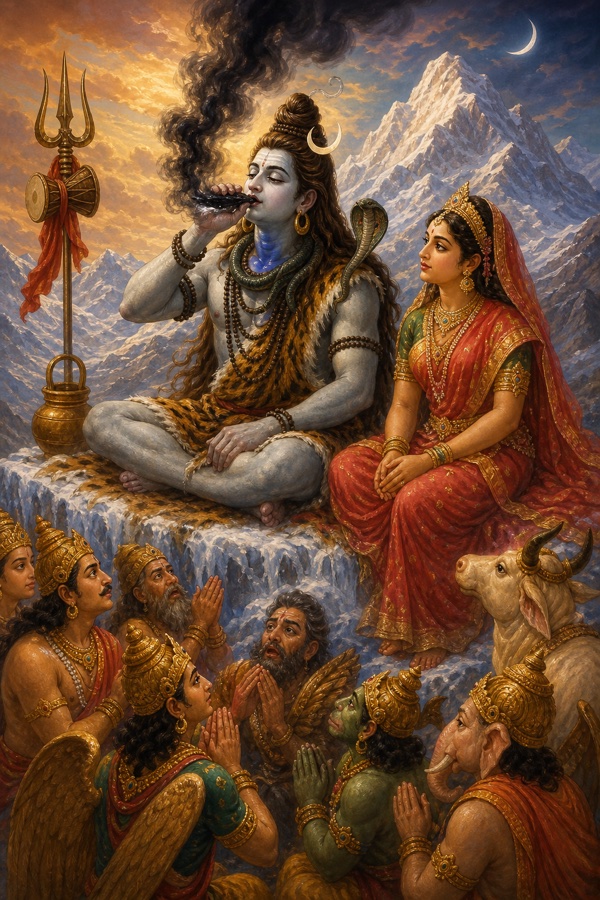 Reverent painterly classical-Indian color illustration of Lord Shiva seated on Mount Kailasa beside the goddess Sati, calmly gathering the boiling black Halahala poison into his palm and drinking it; coils of dark smoke rise from the seething venom, terrified gods and creatures bow nearby, snowy Kailasa peaks and crescent moon in Shiva's matted hair, his throat beginning to turn blue.
