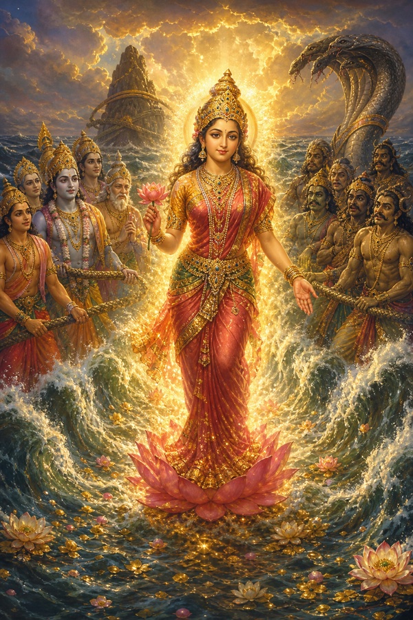 Luminous painterly classical-Indian color illustration of the goddess Lakshmi rising from the parted milk-ocean waves, radiance pouring from every limb and lighting up the directions like lightning; awestruck devas and asuras pause with the churning-rope slack in their hands, the serpent Vasuki and Mandara peak faint behind, lotus-strewn golden sea.