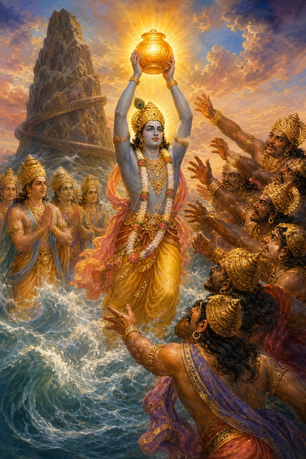 Painterly classical-Indian color illustration of dark-complexioned, well-built Dhanvantari emerging last from the ocean of milk holding aloft a glowing pot brimming with amrita nectar, a partial avatar of Vishnu; eager asuras already lunging to seize the pot while devas watch, milky waves and the looming Mandara churning-mountain behind, golden divine glow around the nectar vessel.
