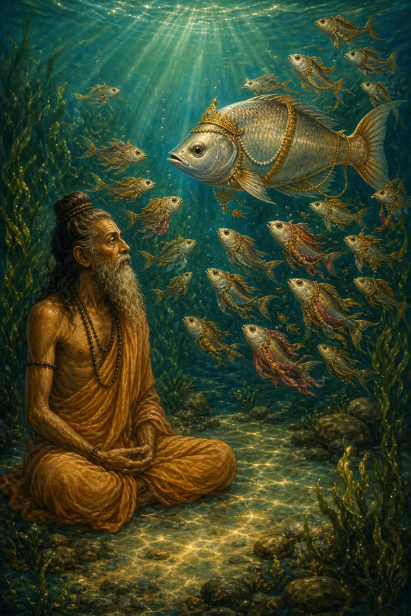 Painterly classical-Indian color illustration, underwater scene in a deep pool of the Yamuna: the gaunt sage Saubhari seated motionless in meditation on the sandbed amid dappled green-blue light and shafts of sunlight rippling from the surface above; before him glides a large silvery fish-king encircled by a swarm of many smaller female fish, lively and at play; Saubhari's eyes drawn toward the joyful fish family.