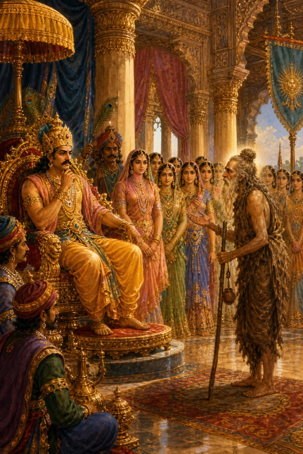 Painterly classical-Indian color illustration of the royal court of King Mandhata, mighty sovereign of the seven continents, enthroned in splendor; nearby stand his fifty youthful marriageable princesses in fine attire; the aged ascetic Saubhari, withered yet wrapped in a glow of tapas, stands before the king to ask for one daughter in marriage; richly columned palace hall, courtiers and attendants around.