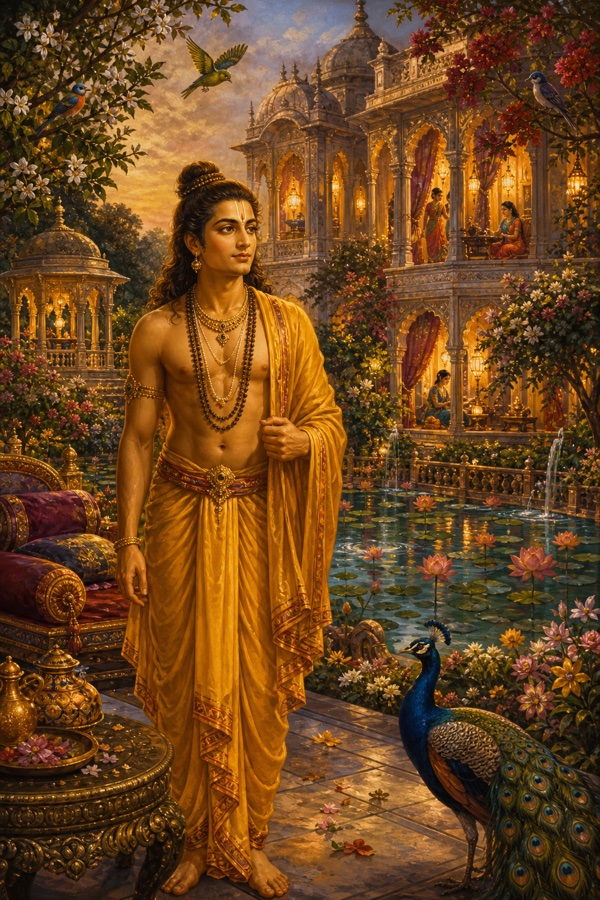 Painterly classical-Indian color illustration of Saubhari's opulent household conjured by his yogic power: jewel-laden mansions with rich couches, seats, garments and ornaments, clear lotus-filled pools, fragrant flower gardens with singing birds and humming bees; the now-youthful radiant sage amid his fifty wives, surrounded by countless playing children evoking his five thousand sons; abundance and domestic joy everywhere.