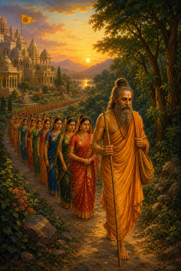 Painterly classical-Indian color illustration of Saubhari's renunciation: the sage, having handed over rule to his five thousand sons, now in ochre sannyasi robes with staff, walking away from his palace toward the forest at dawn; his fifty devoted wives following behind him in single file along the path, leaving the mansions and gardens fading behind; mood of solemn departure and resolve.