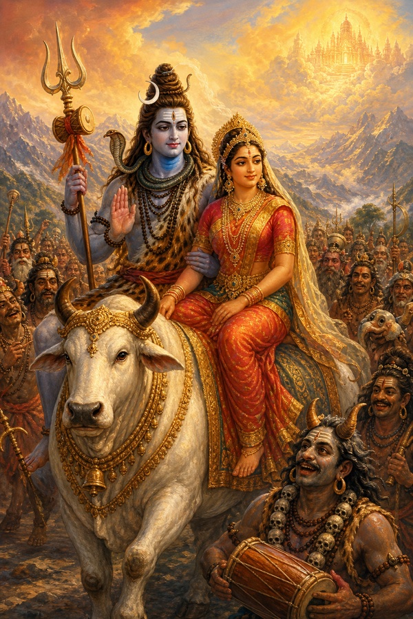 Rich painterly classical-Indian color illustration: blue-throated Shiva, matted jata and crescent moon, third eye, riding his white bull Nandi, setting out with his crowd of ganas; the goddess Sati seated beside him; a journey toward Vishnu's abode, hills and clouds behind, warm dawn palette.