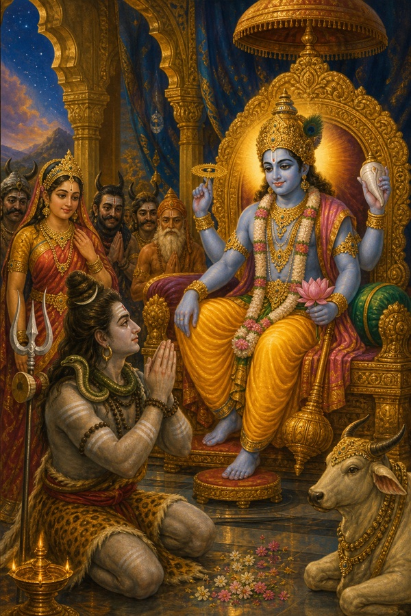 Rich painterly classical-Indian color illustration: Shiva, ash-smeared and trident in hand, seated respectfully and offering praise with folded hands to four-armed blue Vishnu who holds conch, discus, mace and lotus; Vishnu smiles gently on an ornate throne; Sati and ganas watching, palace interior in gold and deep blue.
