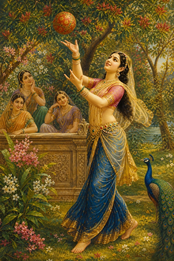 Rich painterly classical-Indian color illustration: a lush garden of flowering trees, bright blossoms and red-tipped tender shoots; a beautiful woman (Mohini, Vishnu's female form) in a fine sari with a jeweled girdle swaying at her waist, joyfully tossing and catching a ball, her slender form graceful amid the greenery.