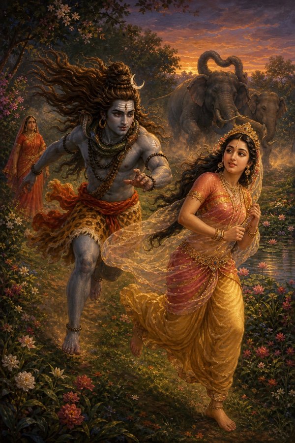 Rich painterly classical-Indian color illustration: Shiva, jata flying, three eyes and crescent moon, abandoning all restraint and chasing the fleeing Mohini through the garden; visual simile of a rutting bull-elephant pursuing a she-elephant rendered subtly behind them; Sati left behind in the distance, dynamic motion, dusk colors.