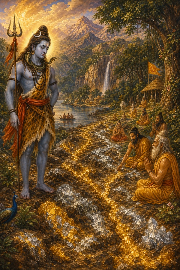 Rich painterly classical-Indian color illustration: across river, lake, mountain, forest and grove where sages dwell, the spots of earth that Shiva's seed touched burst open into glittering veins of gold and silver ore in the soil; Shiva standing apart regaining his senses, hermitages and rishis faintly in the landscape, luminous mineral gleam.