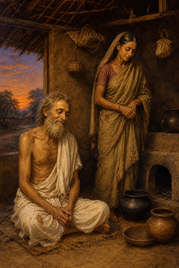 A poor Brahmin couple inside a humble mud-walled village hut at dusk, the cold clay hearth unlit and empty pots beside it; the gaunt sage Sudama in plain worn dhoti sits in quiet contentment while his thin, devoted wife in a faded sari stands near the dark stove, both lean from hunger yet serene; warm earthen tones, classical Indian painterly style.