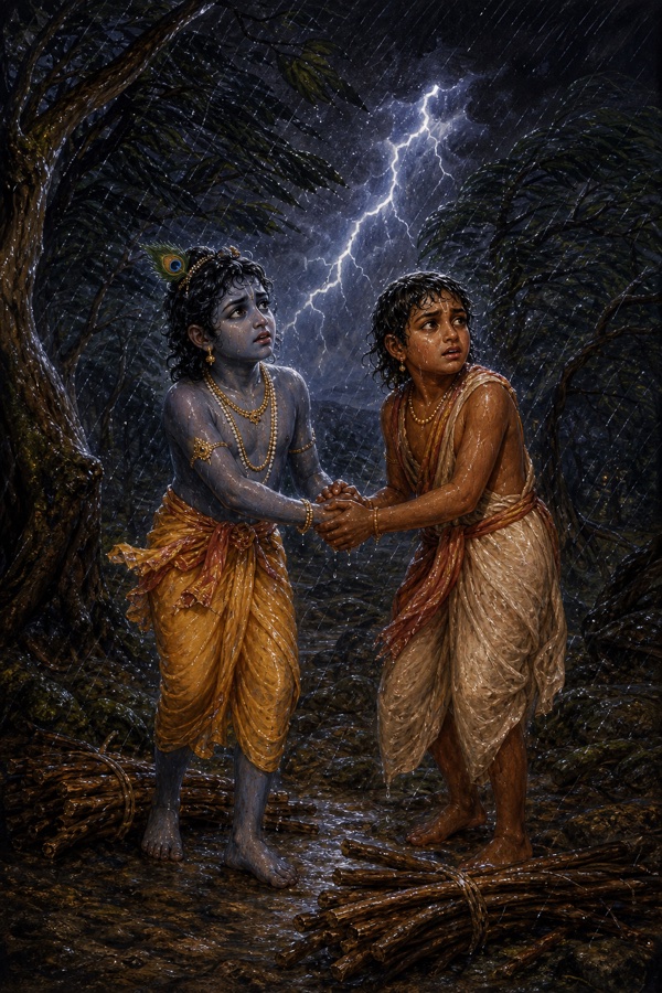 Two young boys, dark-skinned Krishna and the boy Sudama as gurukul students, clutching each other's hands while lost in a stormy night forest fetching firewood; torrential rain, fierce wind bending the trees, deep darkness pierced by lightning, bundles of sticks dropped at their feet, both soaked and shivering; dramatic classical Indian color illustration.