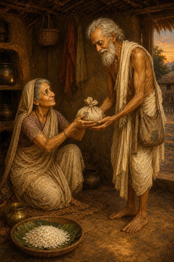 Sudama's wife in a faded sari inside the humble hut tying four handfuls of flattened rice (poha) into a small old patched cloth bundle and placing it into the hands of the lean, barefoot Sudama as a gift for his friend; tender, simple interior, warm earthy palette, classical Indian painterly style.