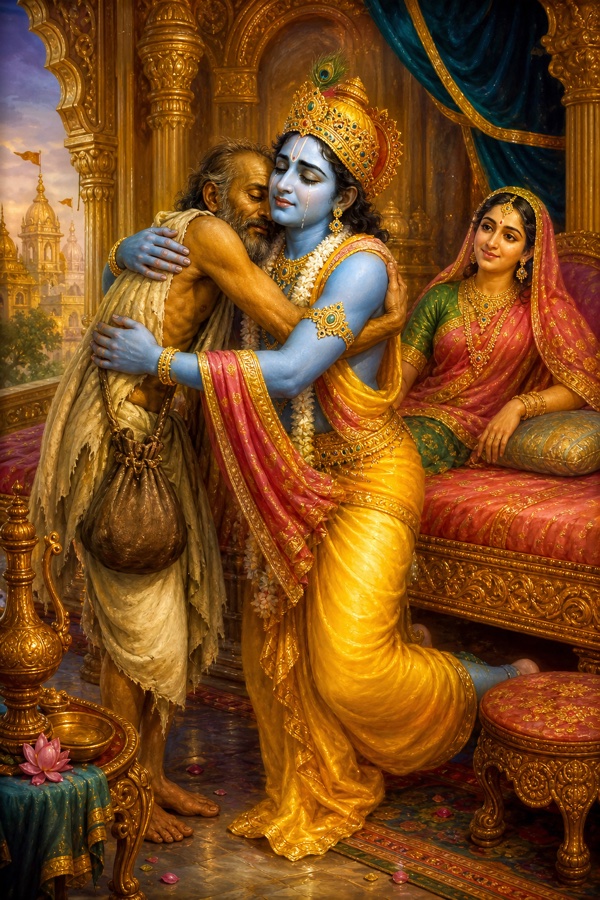 Inside a splendid golden Dwarka palace chamber, dark-blue-skinned Krishna in yellow silk and crown having sprung up from Rukmini's ornate couch, embracing the ragged, dusty, thin Brahmin Sudama tightly in his arms, lotus eyes streaming tears of love; queen Rukmini watches from the bejewelled bed; opulent radiant color, classical Indian style.