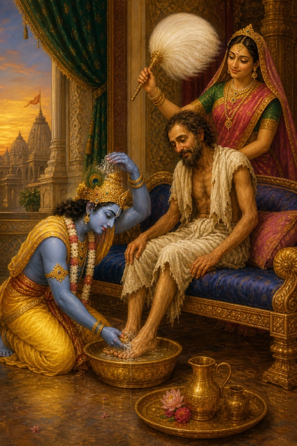 Krishna, lord of Dwarka in yellow silk and crown, kneeling to wash the feet of his ragged Brahmin friend Sudama who sits upon Krishna's own couch, then sprinkling that water on his own head; queen Rukmini stands beside fanning Sudama with a white chamara whisk while astonished palace women look on; sumptuous golden chamber, classical Indian color illustration.