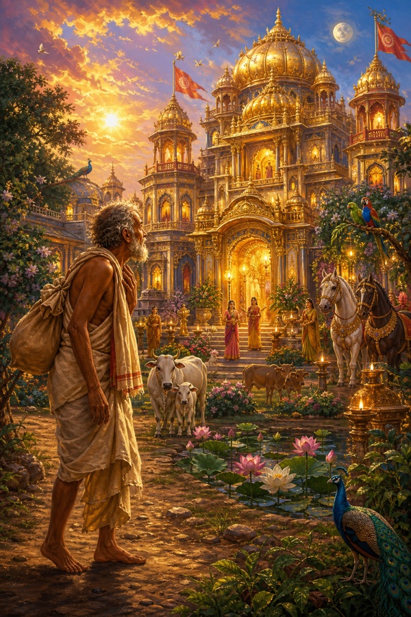 Sudama returning home stops awestruck before where his old mud hut stood, now risen as jewel-built palaces blazing like sun, fire and moon; lush gardens and groves alive with flocks of colorful birds, lotus-filled ponds, grazing cows and tethered horses; his wife adorned in gold necklaces stands at the doorway among maidservants with clean, laughing children; radiant opulent classical Indian color illustration.