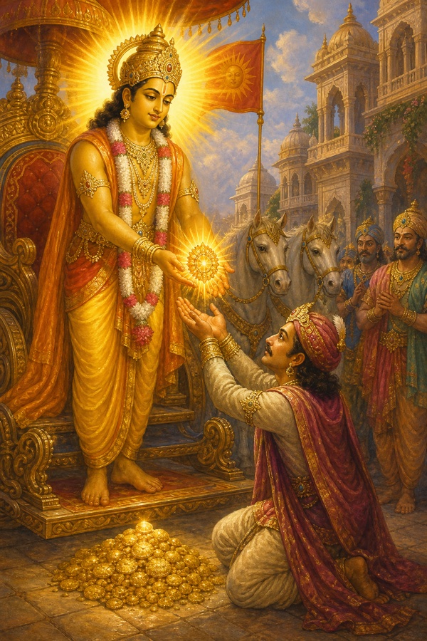 Painterly classical-Indian color illustration: the radiant Sun-god Surya, golden-skinned and haloed, lovingly bestowing the brilliant Syamantaka jewel upon the wealthy Yadava devotee Satrajit who kneels before him in Dvaraka; the dazzling gem blazes like a captured sun, a small heap of eight bhara of gold glints at Satrajit's feet, prosperous palace courtyard, warm gold-and-saffron palette.