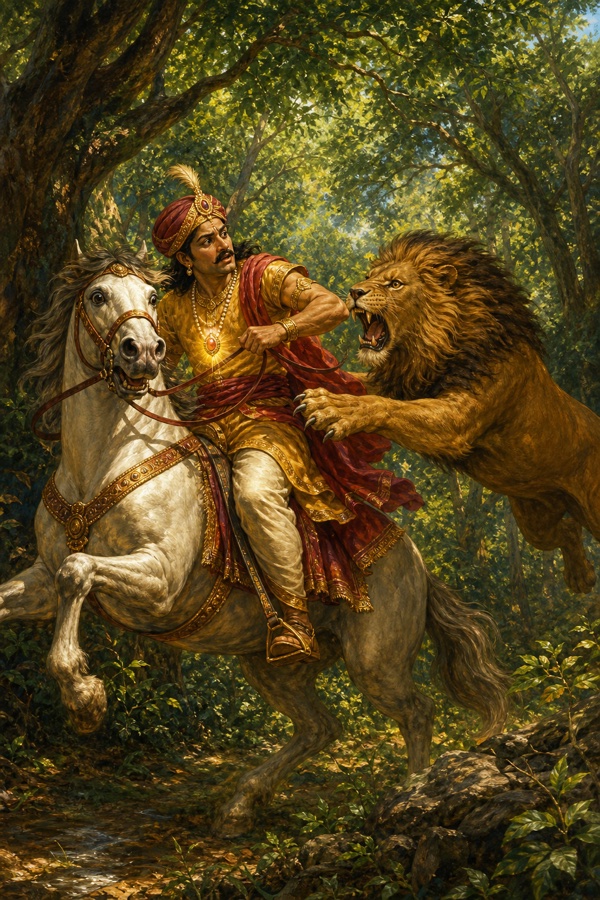 Painterly classical-Indian color illustration: deep green forest at midday, a fierce lion pouncing on the lone rider Prasena and his horse, the gleaming Syamantaka jewel on Prasena's neck flashing like fire amid the attack; dynamic motion, dappled sunlight through dense trees, dramatic earthy greens and reds.