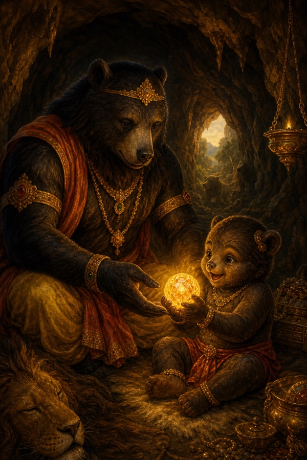 Painterly classical-Indian color illustration: the ancient mighty bear-king Jambavan, dark-furred and powerful, having slain the lion, carrying the glowing Syamantaka jewel into his shadowy cave and handing it as a toy to his small infant child who giggles and turns the shining stone in tiny palms; dim cave interior lit by the jewel's glow, deep browns and amber light.