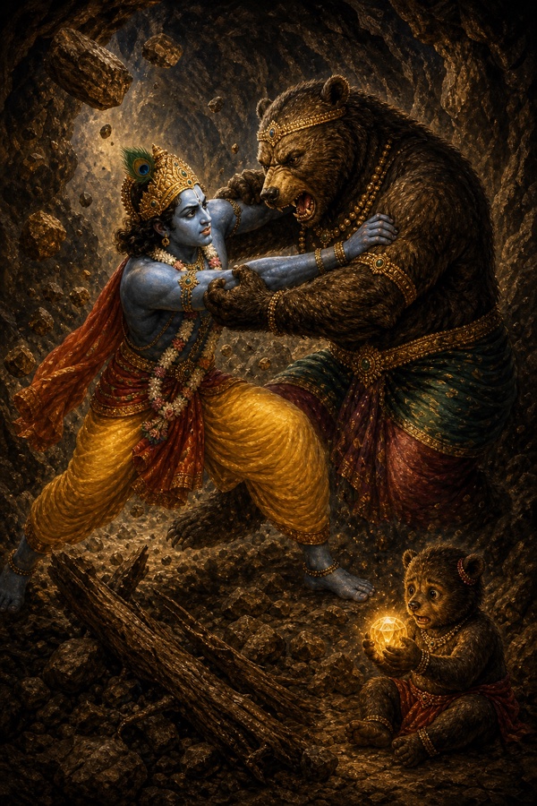 Painterly classical-Indian color illustration: the long twenty-eight-day cave duel between blue-skinned Sri Krishna and the giant bear-king Jambavan, locked in bare-handed wrestling amid hurled boulders, uprooted trees and rising dust; in the corner the frightened infant clutches the glowing jewel to its chest; torchless cave lit by the gem, intense browns, stone-greys and Krishna's luminous blue.