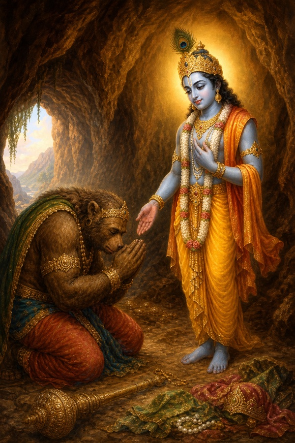 Painterly classical-Indian color illustration: the exhausted bear-king Jambavan bowing his huge head in devotion before the calm radiant blue-skinned Sri Krishna inside the cave, his battle-strength dissolving into worship, hands folded; soft divine glow from Krishna, reverent tender mood, warm amber cave light, deep emotional surrender.