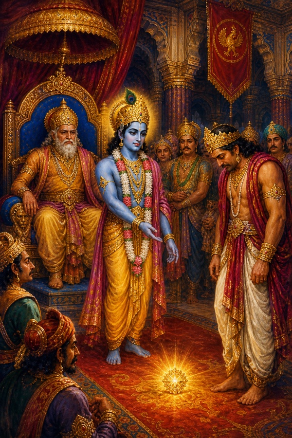 Painterly classical-Indian color illustration: the royal assembly of Dvaraka with elder King Ugrasena seated on the throne; blue-skinned Sri Krishna placing the brilliant Syamantaka jewel before the shamed Satrajit who hangs his head unable to meet anyone's eyes; courtiers watching, ornate Yadava court, rich crimson and gold palette, the jewel blazing on the floor.