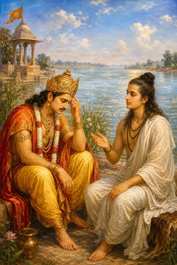 Painterly classical-Indian color illustration on a sunlit Ganga riverbank: the young King Parikshit, crowned and seated in grief, leans toward the serene white-clad ascetic sage Shukadeva; the wide flowing river and a soft midday sky behind them, reeds and a quiet ghat, two figures only in earnest conversation.