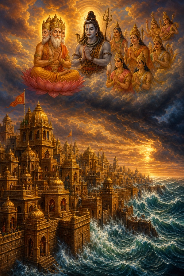 Sweeping color view of the golden sea-city of Dwarka with gilded palaces, latticed windows and ramparts pressed by rising ocean waves; in the distance Brahma (four-faced), Shankara (with crescent and trident) and assembled devas hover in prayer over the city, the late-afternoon sky heavy, signalling the divine descent of 125 years drawing to its close.