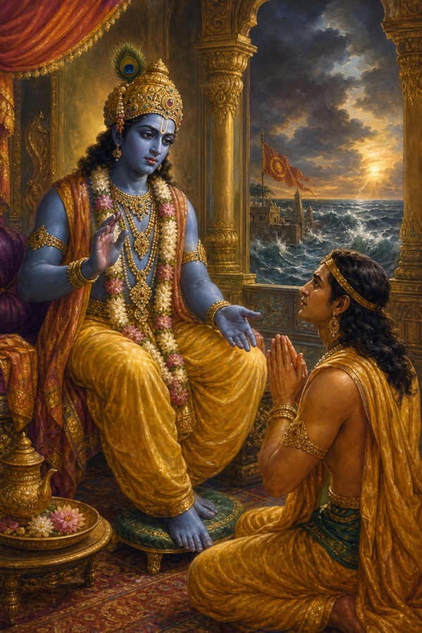 Inside a Dwarka chamber: the dark-blue four-armed-feeling Krishna in yellow silks, peacock-feather crown, speaks gravely with a stilled, faraway gaze to Uddhava who sits before him, hands joined, breath caught, eyes wide with dawning sorrow; through an open window the sea looms close, hinting at the seventh-day deluge.