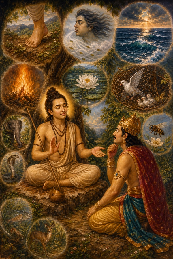 A story-within illustration: the naked wandering Avadhuta Dattatreya, smiling and serene, seated before King Yadu who questions him; around them small vignettes of his teachers from nature appear, the earth being trodden, blowing wind, the deep ocean, blazing fire, and a pigeon caught in a fowler's net beside its young, evoking the twenty-four gurus.