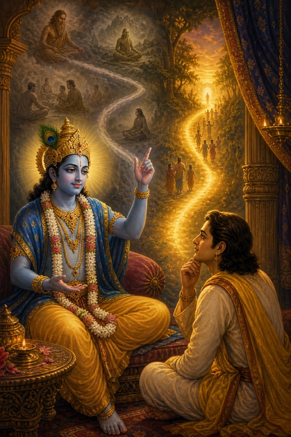 Krishna in radiant blue and gold, one finger raised to point to a single path, his face gentle and resolved, teaching the attentive Uddhava; softly suggested behind them the harder roads of jnana, yoga and sankhya fade while a glowing path of loving surrender, bhakti, shines clearest, intimate twilight chamber light.