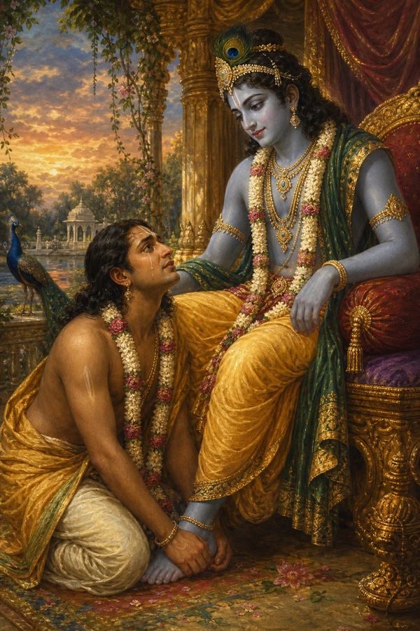 Emotional color close scene: Uddhava kneeling at Krishna's feet, tears falling, gazing up with a thirsting devotion, wearing Krishna's used flower garland, marked with the sandal-paste Krishna had worn, draped in his master's cloth; Krishna seated calmly above, dark and beautiful with curled locks and a faint sidelong smile, the bond of friend and devotee made visible.