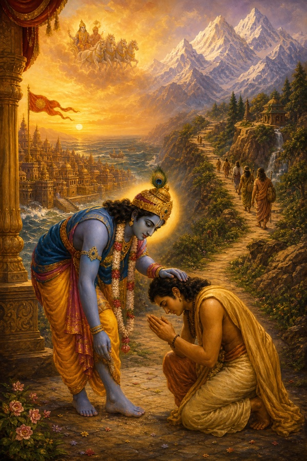 Tender farewell: Krishna bending to lift dust from his own feet and pressing it onto the bowed forehead of Uddhava as a parting blessing; behind, a path leads from golden sea-side Dwarka toward the rising white snow-peaks of the Himalaya and Badrikashrama, the doomed city below and cold mountain heights ahead.