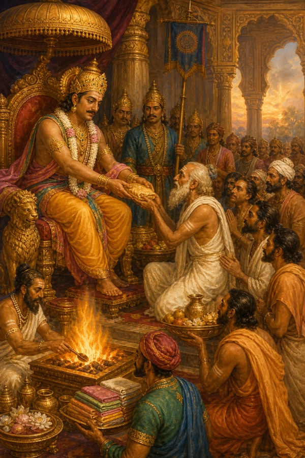 Rich painterly classical-Indian color illustration of King Bali, the noble asura ruler and grandson of Prahlada, enthroned in his hall performing acts of charity and sacrifice; he hands gifts to brahmins, sacred fire and yajna offerings beside him, virtuous and generous bearing, ornate jewelled crown, warm golden palace setting, gracious crowd of supplicants receiving alms.