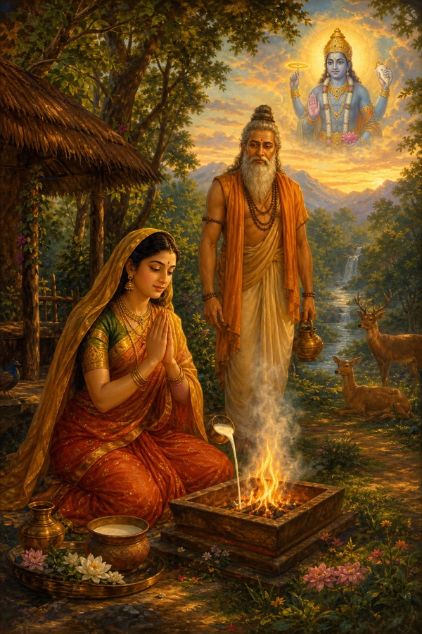 Rich painterly classical-Indian color illustration of the goddess-mother Aditi performing the twelve-day Payovrata vow at sage Kashyapa's forest ashram, seated devoutly before a small sacred fire offering milk, hands folded in prayer to Sri Hari, sage Kashyapa nearby having returned from meditation, serene hermitage with trees and deer, soft dawn light, devotional mood.