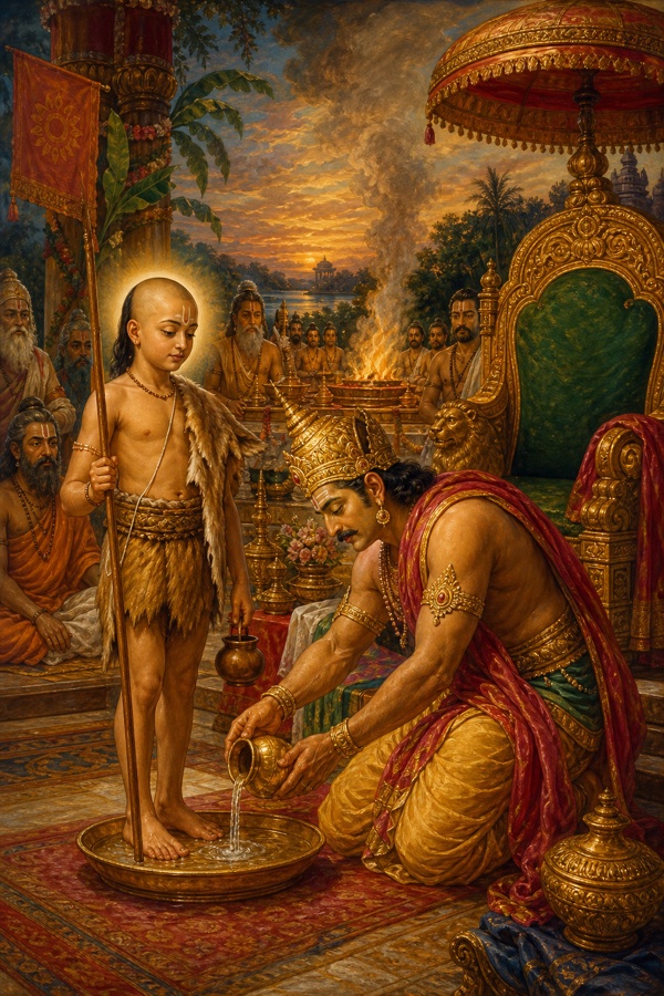 Rich painterly classical-Indian color illustration of the small dark-complexioned brahmin boy Vamana arriving at Bali's grand Ashvamedha sacrifice at Bhrigukachchha on the Narmada's north bank; Vamana holds a wooden staff and water-pot, wears deerskin on his shoulder, muñja-grass girdle and sacred thread; King Bali steps down from his throne and washes the boy's feet, pouring that water on his own head, hands folded reverently, rising yajna smoke and assembled priests.