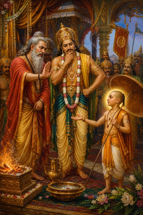 Rich painterly classical-Indian color illustration of the guru Shukracharya, recognizing the dwarf boy's true nature, warning King Bali with a raised hand against making the vow; little Vamana stands with open palm asking for only three paces of land, Bali stands thoughtful between his stern bearded preceptor and the small brahmin, the kamandalu water-pot ready for the pledge, ornate sacrificial hall.